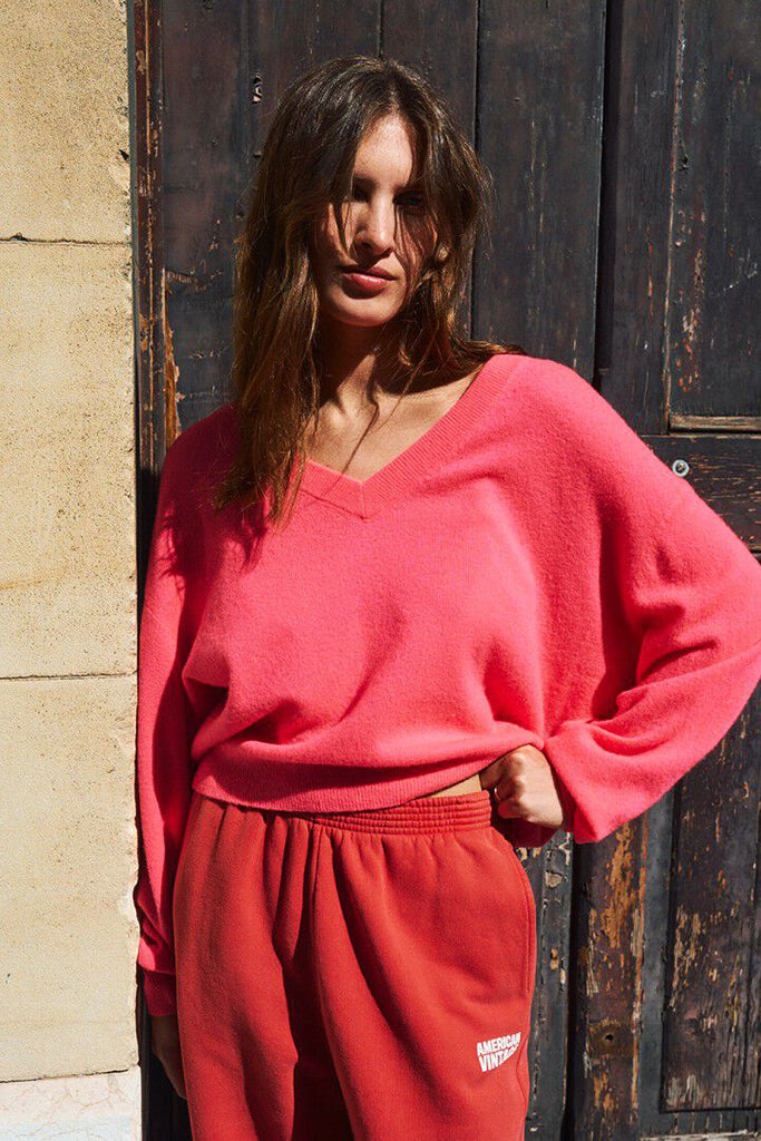 Raxow V Neck Sweater in Fluorescent Hortensia – Arielle Clothing