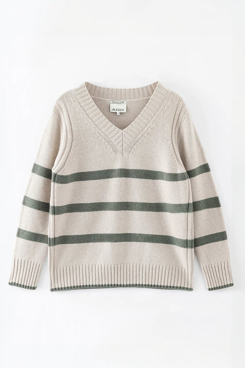 Aleger Cashmere Striped V Neck Sweater in Woodland - Arielle Clothing