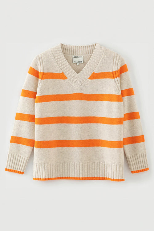 Aleger Cashmere Striped V Neck Sweater in Citrus Flash - Arielle Clothing