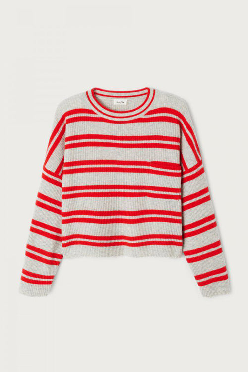 American Vintage Round Neck Striped Sweater in Heather Grey/Strawberry Stripes - Arielle Clothing