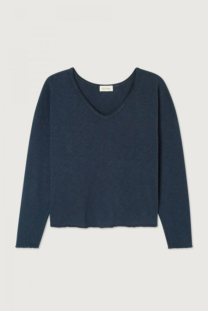 American Vintage Sonoma Long Sleeve V Neck Tee in Vintage Navy Blue - Arielle Clothing