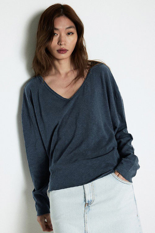 American Vintage Sonoma Long Sleeve V Neck Tee in Vintage Navy Blue - Arielle Clothing