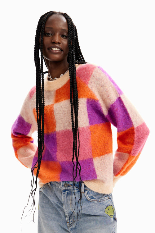 Desigual Check Jacquard Sweater in Orange - Arielle Clothing