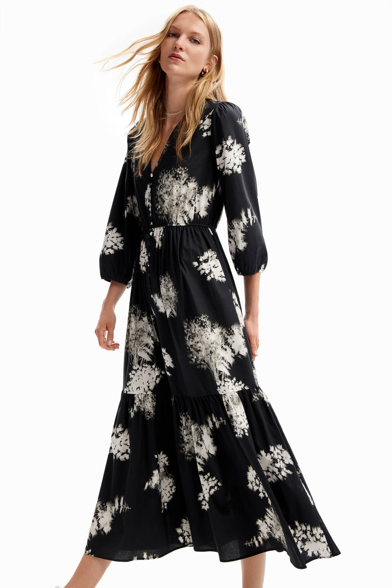 Desigual Floral Midi Shirt Dress in Black - Arielle Clothing