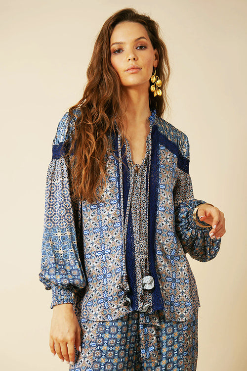 Hale Bob Adelaide Crochet Trim Top in Blue - Arielle Clothing