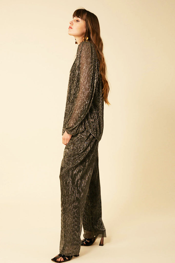 Hale Bob Clemence Lurex Crinkle Mesh Pants in Black - Arielle Clothing