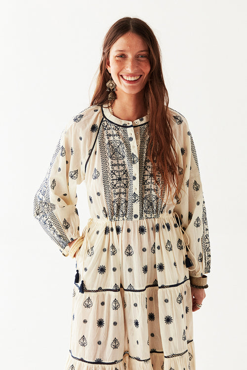 Maison Hotel Caroline Embroidered Maxi Dress in Off-White - Arielle Clothing