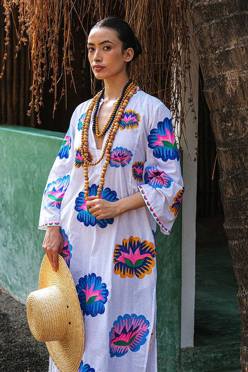 Nimo With Love Blue Opal Organic Cotton Kaftan in White with Lotus Embroidery - Arielle Clothing