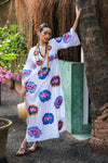 Nimo With Love Blue Opal Organic Cotton Kaftan in White with Lotus Embroidery - Arielle Clothing