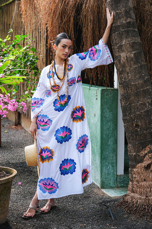 Nimo With Love Blue Opal Organic Cotton Kaftan in White with Lotus Embroidery - Arielle Clothing