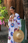 Nimo With Love Blue Opal Organic Cotton Kaftan in White with Lotus Embroidery - Arielle Clothing