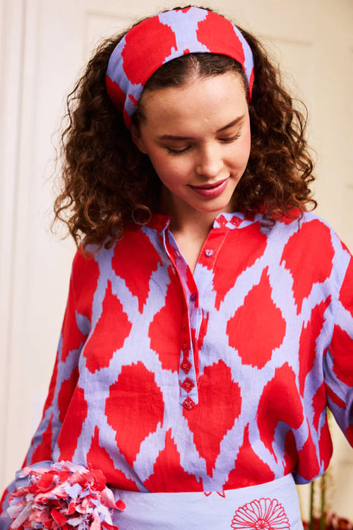 Nimo With Love Broom Linen Blouse in Ikat Red - Arielle Clothing
