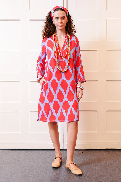 Nimo With Love Sapphire Short Linen Kaftan in Red Ikat Print - Arielle Clothing