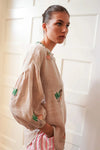Nimo With Love Sassafras Linen Blouse in Beige with Monkey Embroidery - Arielle Clothing