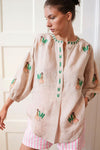 Nimo With Love Sassafras Linen Blouse in Beige with Monkey Embroidery - Arielle Clothing