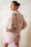Nimo With Love Sassafras Linen Blouse in Beige with Monkey Embroidery - Arielle Clothing