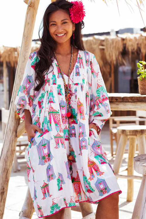 Place du Soleil No. 426 Tent Print Knee Length Dress in White - Arielle Clothing