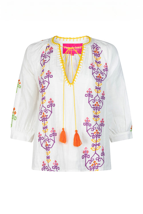 Place du Soleil Embroidered Cotton Blouse in White - Arielle Clothing