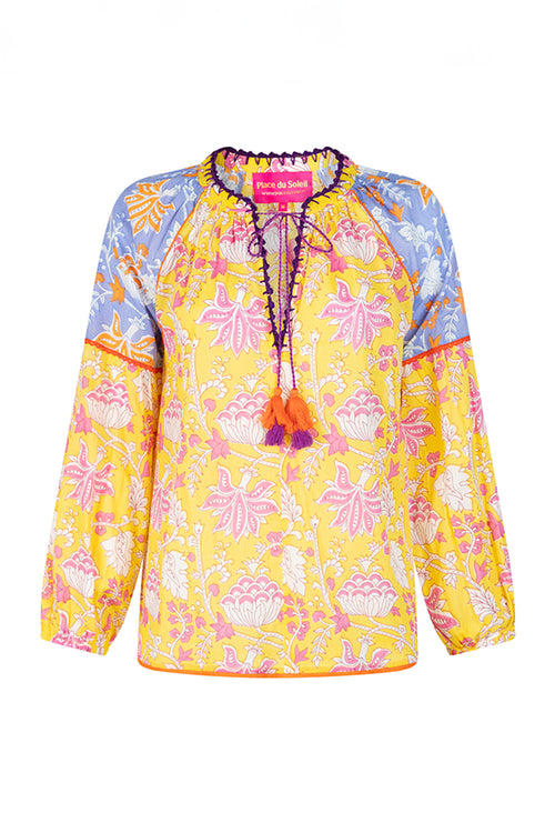 Place du Soleil Lila Print Cotton Blouse in Yellow - Arielle Clothing