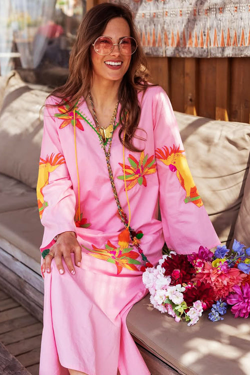 Place du Soleil Rosa Kaftan Print Dress in Pink/Yellow - Arielle Clothing