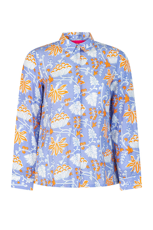 Place du Soleil Lila Print Cotton Shirt in Sea Blue - Arielle Clothing