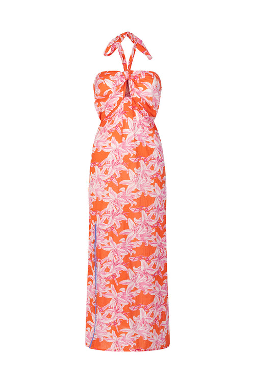 Place du Soleil No. 406 Lily Print Tie Neck Dress in Orange/Print - Arielle Clothing