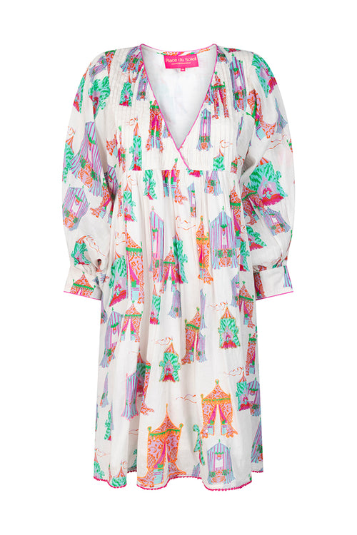 Place du Soleil No. 426 Tent Print Knee Length Dress in White - Arielle Clothing