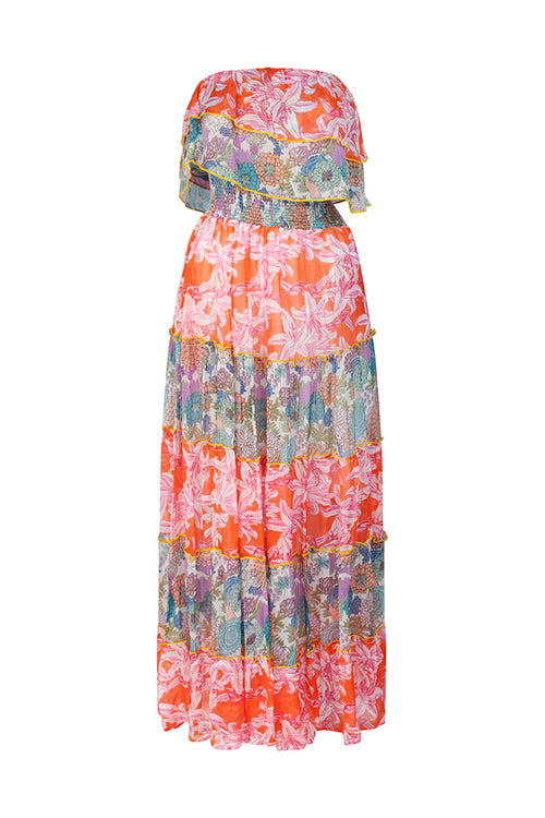 Place du Soleil No. 429 Tiered Strapless Dress in Orange/Green - Arielle Clothing