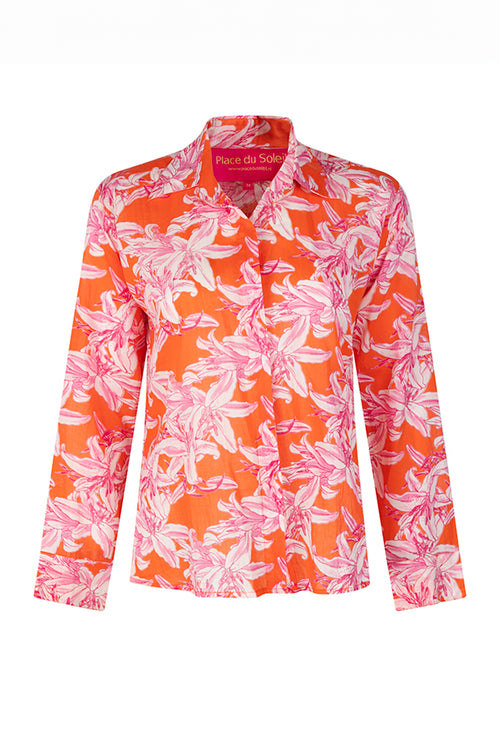 Place du Soleil Lily Print Shirt in Orange/White - Arielle Clothing