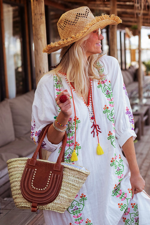 Place du Soleil No. 319 Green Embroidered Maxi Caftan Dress in White - Arielle Clothing