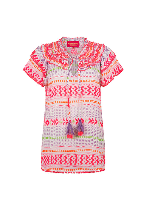 Place du Soleil Short Sleeve Block Print Top in Fuschia/Cloud - Arielle Clothing