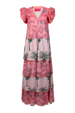 Place du Soleil Palm Print Long Tiered Dress in PInk - Arielle Clothing
