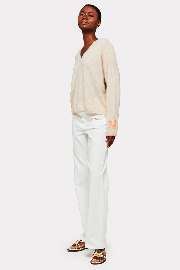 Brodie Cashmere Tropical Embroidered V Neck Sweater in Cygnet - Arielle Clothing
