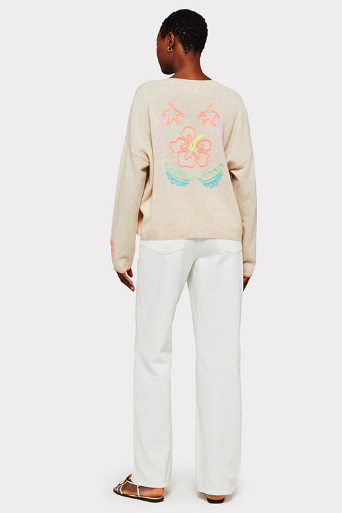 Brodie Cashmere Tropical Embroidered V Neck Sweater in Cygnet - Arielle Clothing