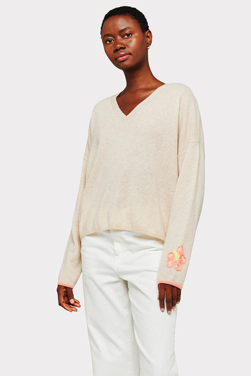 Brodie Cashmere Tropical Embroidered V Neck Sweater in Cygnet - Arielle Clothing