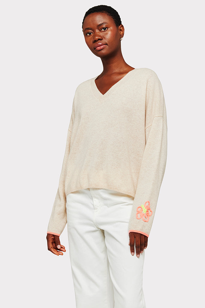Brodie Cashmere Tropical Embroidered V Neck Sweater in Cygnet - Arielle Clothing