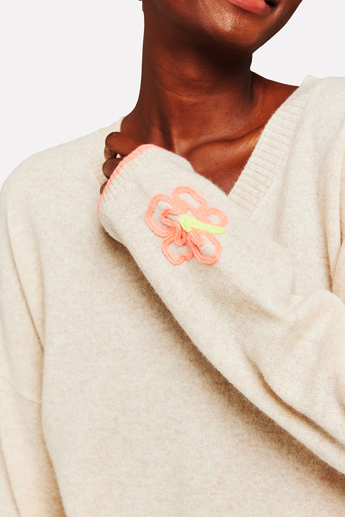 Brodie Cashmere Tropical Embroidered V Neck Sweater in Cygnet - Arielle Clothing
