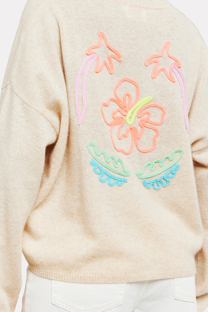 Brodie Cashmere Tropical Embroidered V Neck Sweater in Cygnet - Arielle Clothing