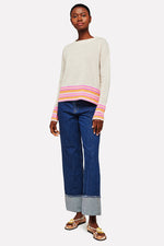 Brodie Cashmere Mini Stripe Pearl Crew Sweater in Cygnet - Arielle Clothing