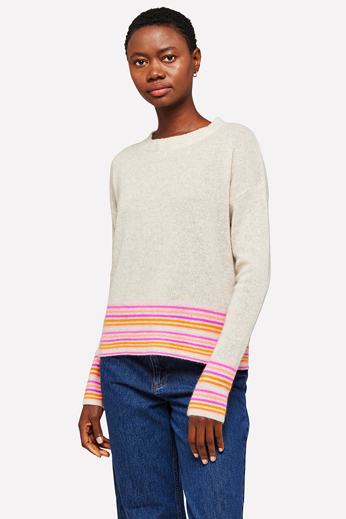Brodie Cashmere Mini Stripe Pearl Crew Sweater in Cygnet - Arielle Clothing