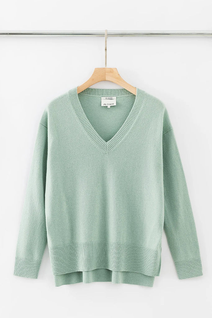Aleger Cashmere Oversized High Low V Neck Sweater in Light Moss - Arielle Clothing