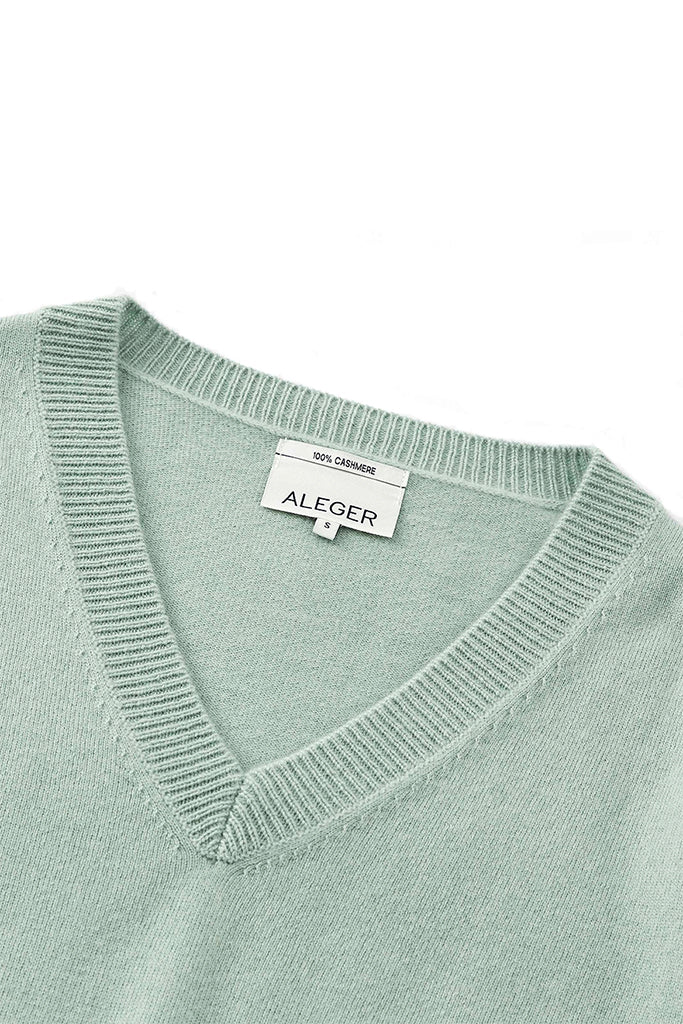 Aleger Cashmere Oversized High Low V Neck Sweater in Light Moss - Arielle Clothing