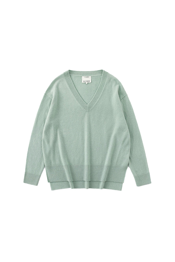 Aleger Cashmere Oversized High Low V Neck Sweater in Light Moss - Arielle Clothing