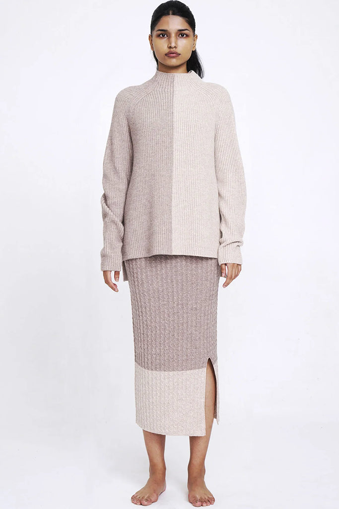 Aleger Cashmere Plated Funnel Neck Sweater in Wheat - Arielle Clothing
