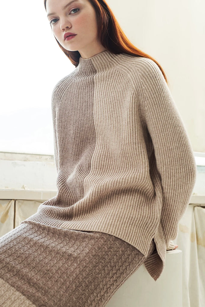 Aleger Cashmere Plated Funnel Neck Sweater in Wheat - Arielle Clothing