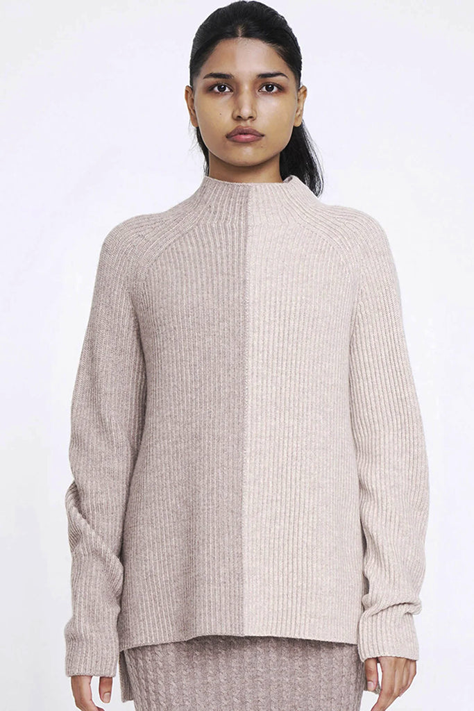 Aleger Cashmere Plated Funnel Neck Sweater in Wheat - Arielle Clothing