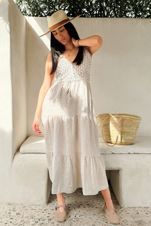 chinese dress ladies ARIELLA LINEN MAXI DRESS, RESORT WHITE CATCHIN RAYS OVERPRINT main image 0