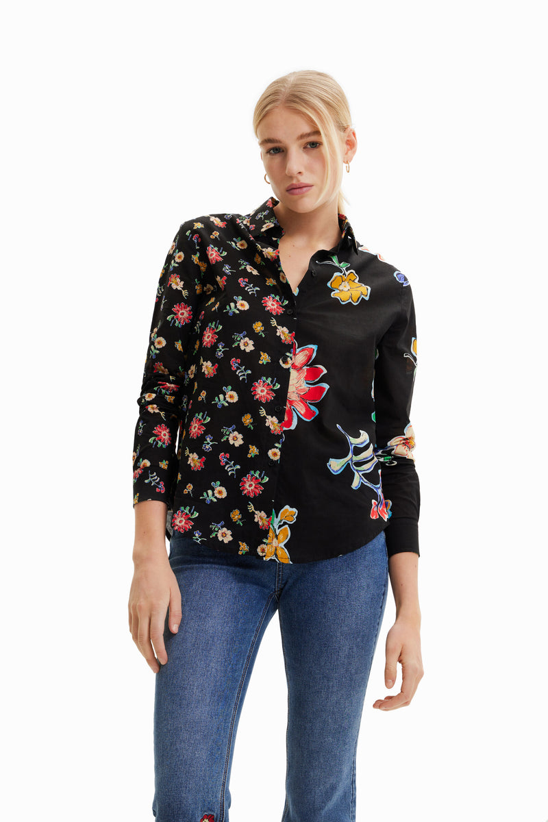 Desigual Half and Half Floral Shirt in Black - Arielle Clothing
