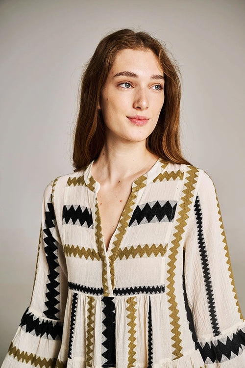 Devotion Twins Ella Short Dress in Khaki and Off White - Arielle Clothing