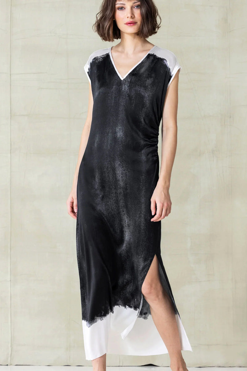 Go Silk Nouveau Rouche Dress in Shadow Dye Washed Black - Arielle Clothing